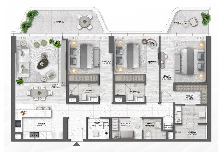 Palm Jumeirah 3-BR Apartment Floor Plan